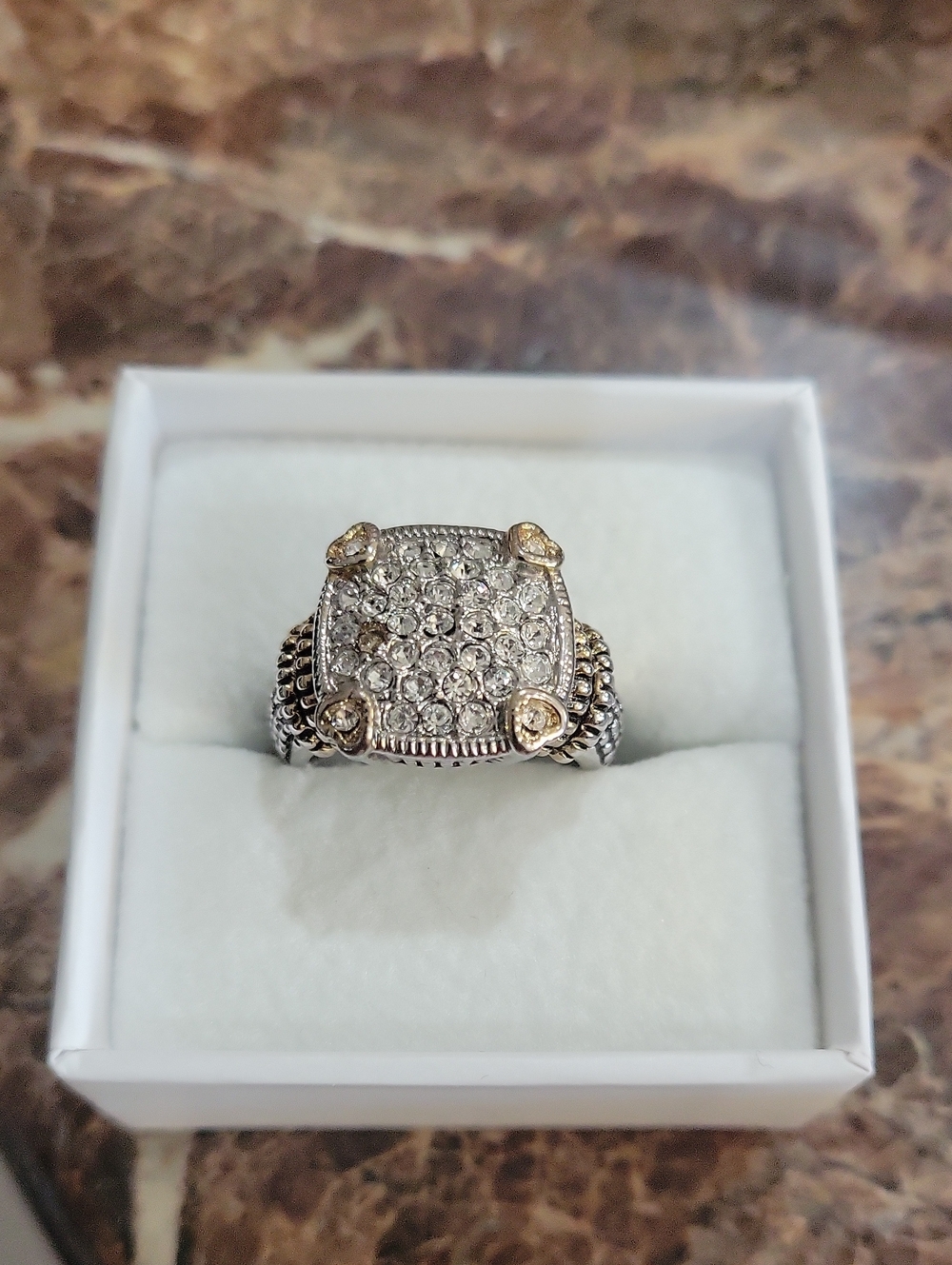 Pave Square Statement Ring in Silver with Gold Accents